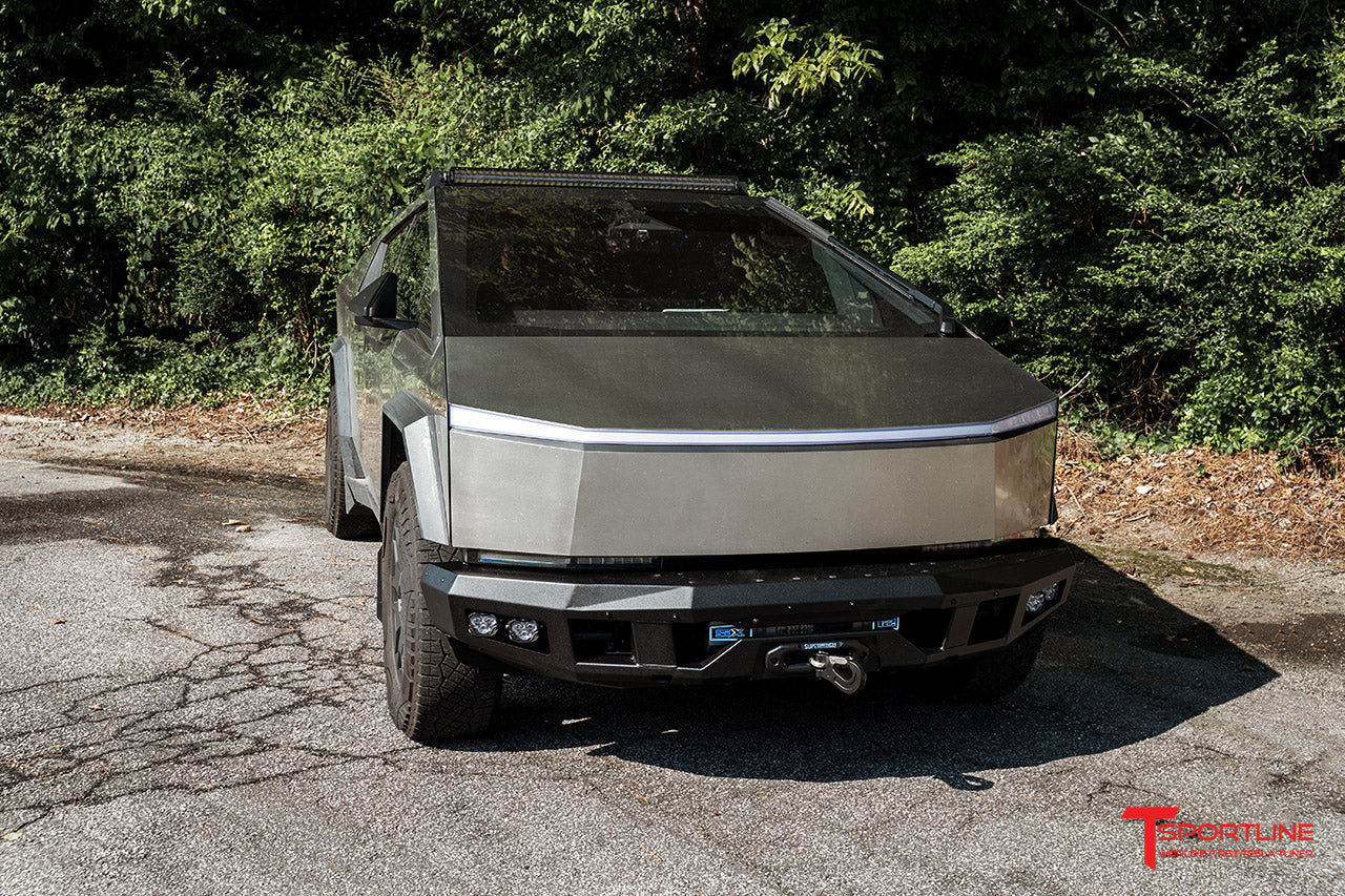 Tesla Cybertruck with CTX Extreme Front Bumper, Moriomoto Lights, and Superwinch SX12 Winch