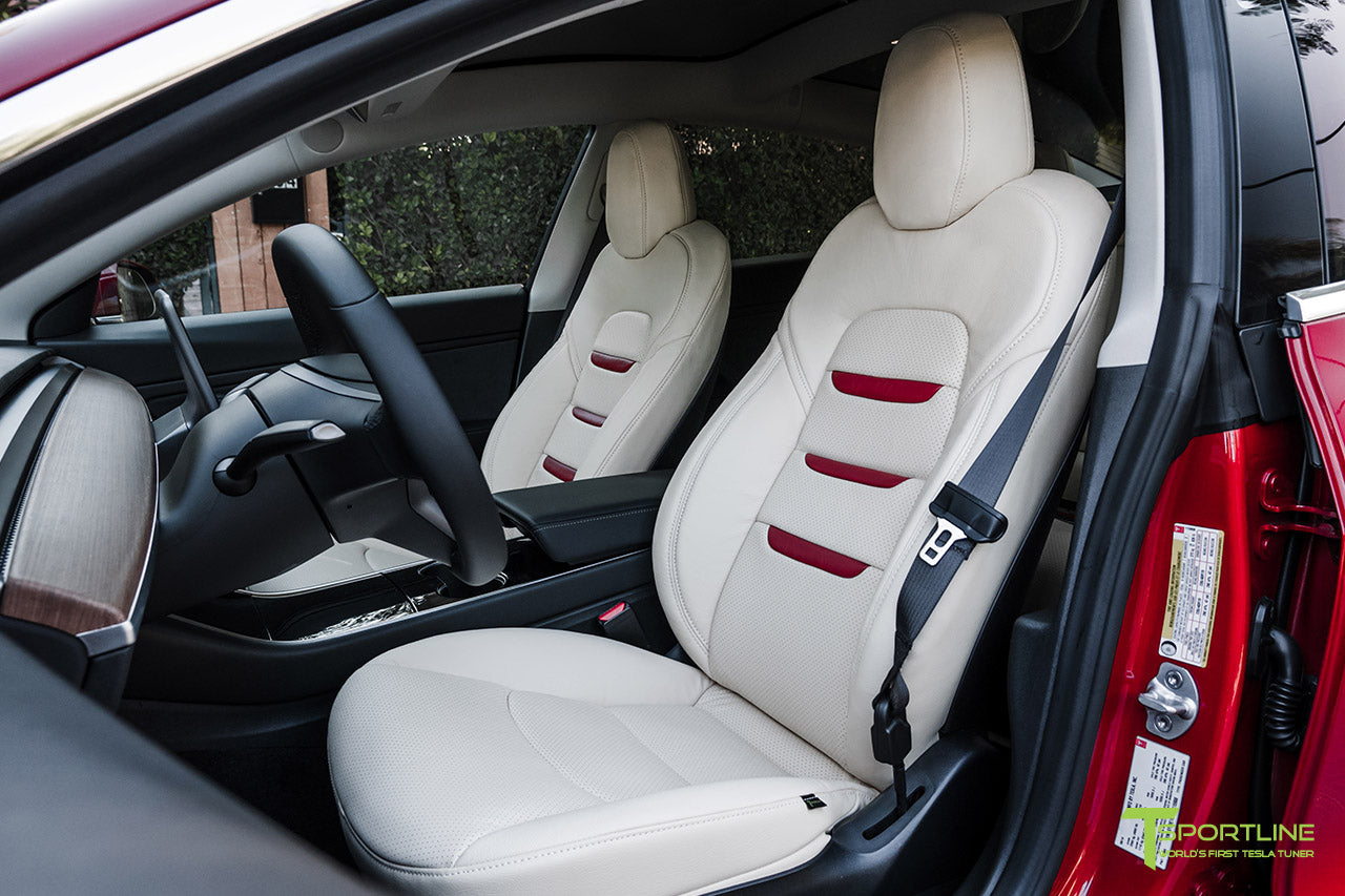 Tesla Model 3 Cream Interior Seat Upgrade Kit in Perforated Insignia Design with Red Leather by T Sportline