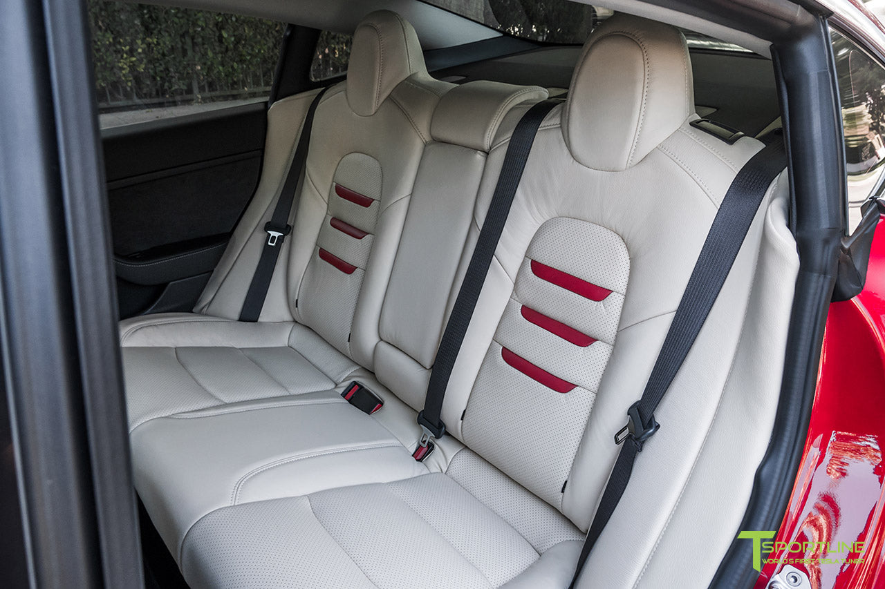 Tesla Model 3 Cream Interior Seat Upgrade Kit in Perforated Insignia Design with Red Leather by T Sportline