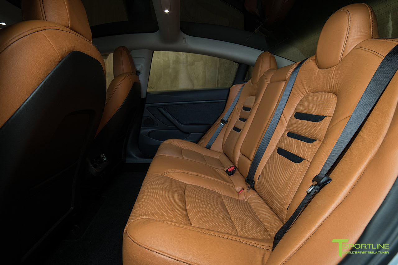 Tesla Model 3 Interior Seat Upgrade Kit Peanut Butter Leather in Perforated Insignia Design with Black Suede by T Sportline
