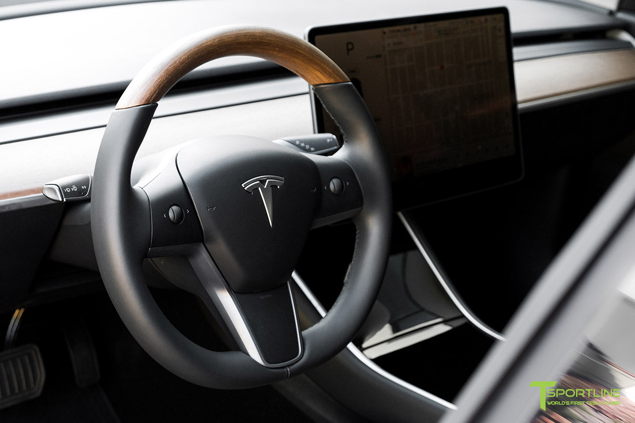Matte Gunmetal Metallic Tesla Model 3 with Open Pore Wood Steering Wheel by T Sportline