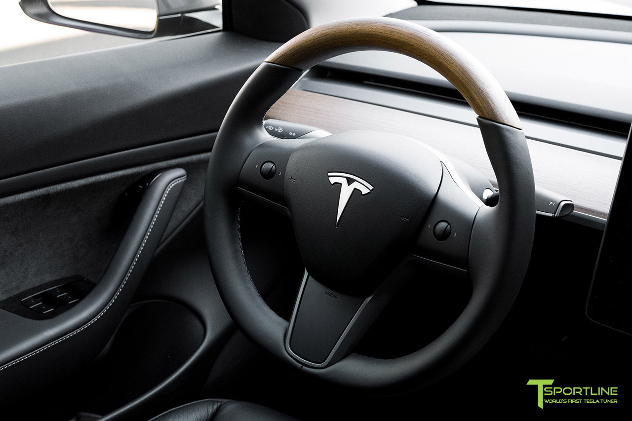 Matte Gunmetal Metallic Tesla Model 3 with Open Pore Wood Steering Wheel by T Sportline