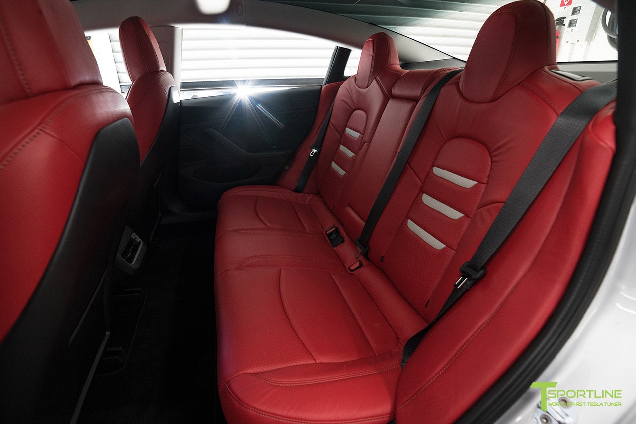 Tesla Model 3 Custom Leather Seat Upgrade Interior Kit - Red Leather - Light Grey/Gray Suede Insignia - Perforated by T Sportline 1