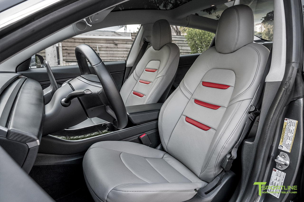 Tesla Model 3 Cream Interior Seat Upgrade Kit in Perforated Insignia Design with Gray Leather and Red Leather Insignia by T Sportline