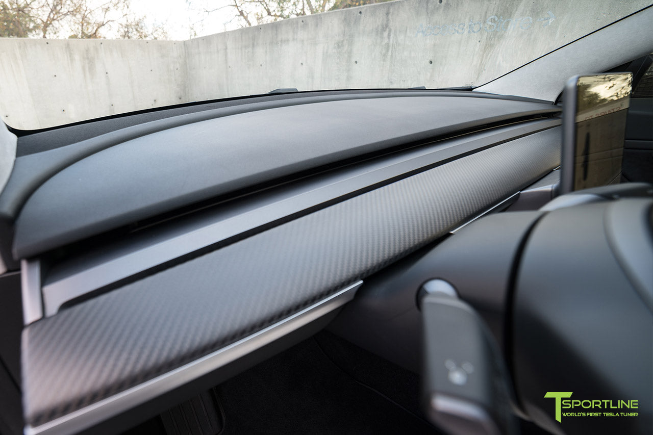 Tesla Model 3 Matte Carbon Fiber Interior Trim Upgrade (Steering Wheel + Dashboard Dash Panel) by T Sportline