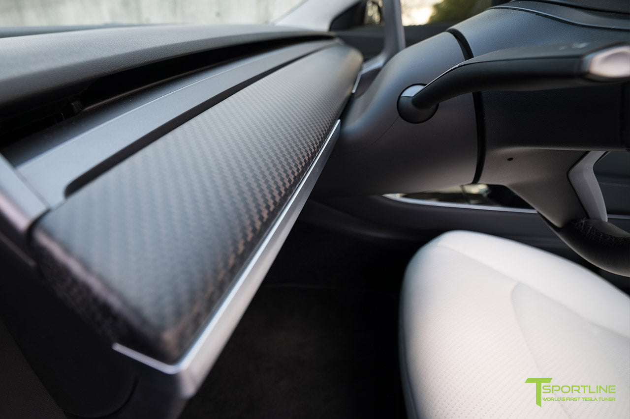 Tesla Model 3 Matte Carbon Fiber Interior Trim Upgrade (Steering Wheel + Dashboard Dash Panel) by T Sportline