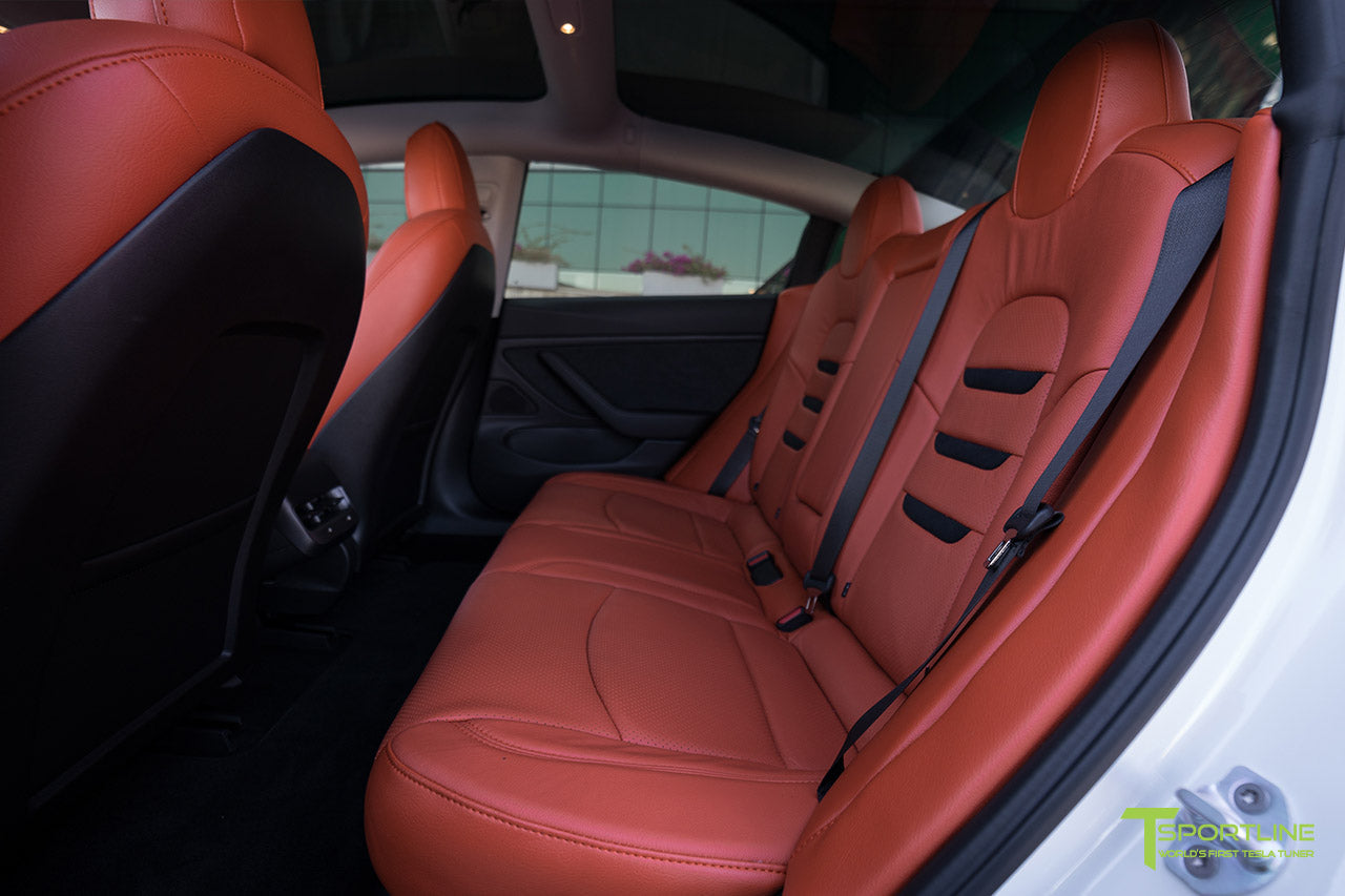 Tesla Model 3 Custom Leather Seat Upgrade Interior Kit - Tangerine Orange Leather - Black Suede Insignia - Perforated by T Sportline