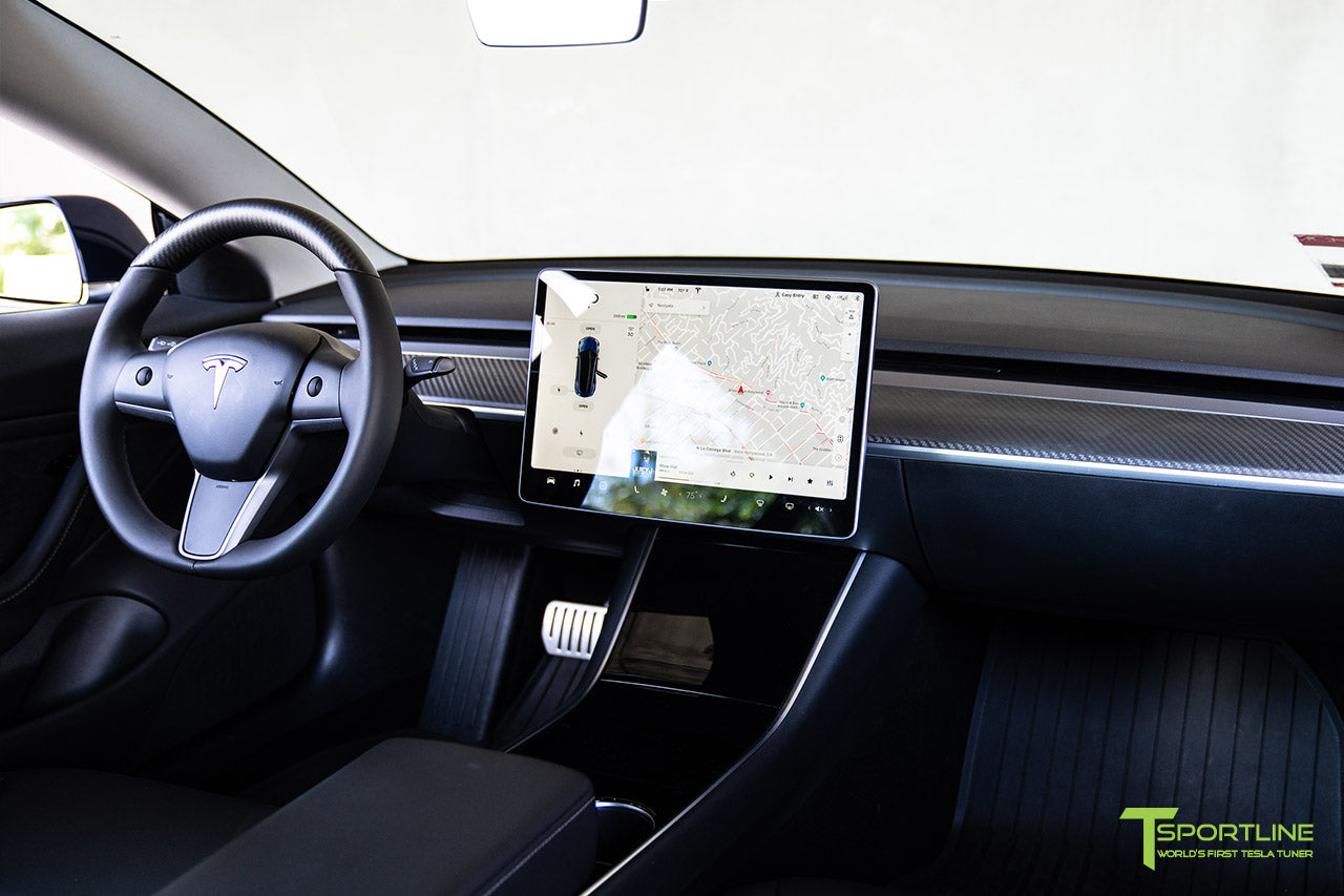 Tesla Model 3 with Matte Carbon Fiber Steering Wheel and Dash Panel Dashboard Cover by T Sportline