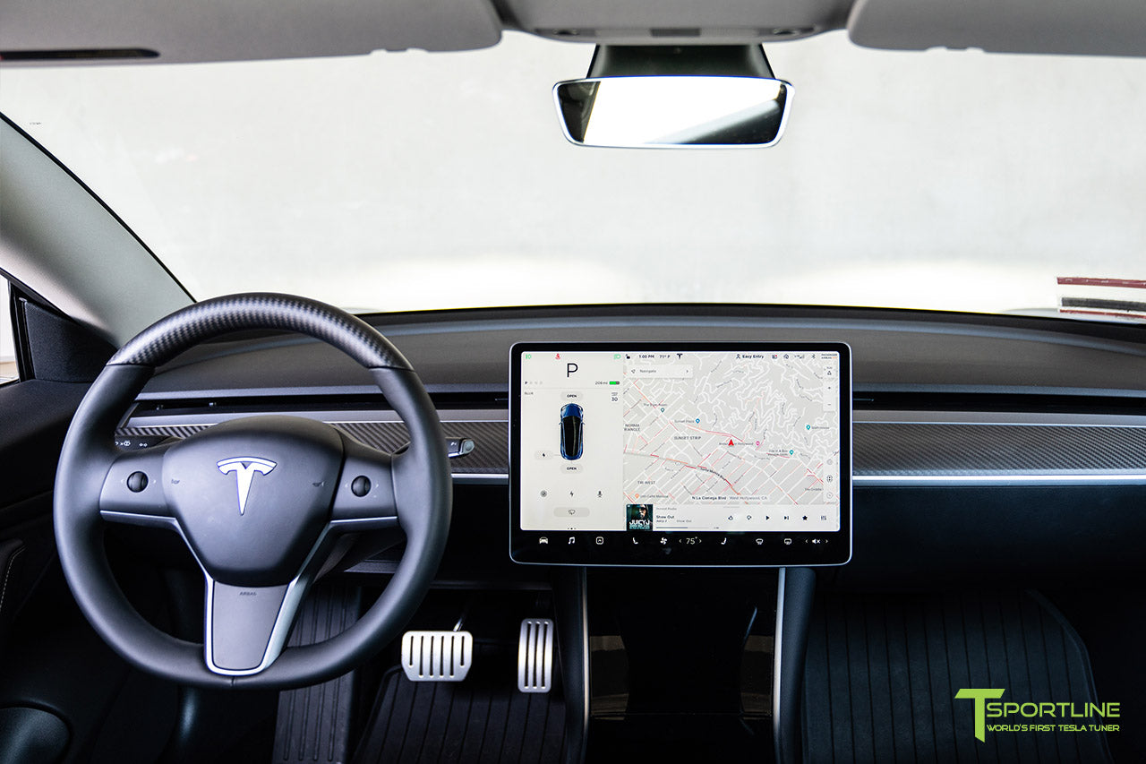 Tesla Model 3 with Matte Carbon Fiber Steering Wheel and Dash Panel Dashboard Cover by T Sportline