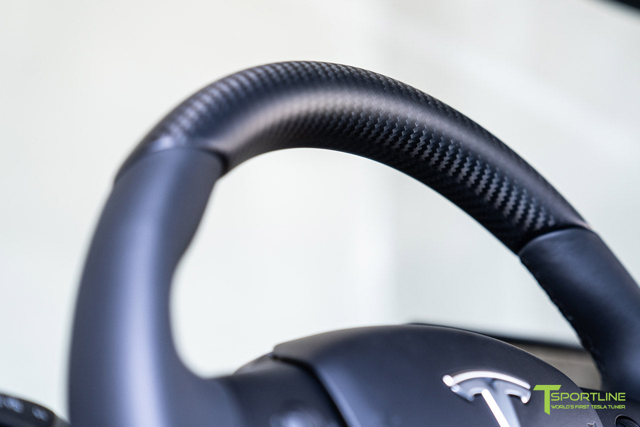 Tesla Model 3 with Matte Carbon Fiber Steering Wheel and Dash Panel Dashboard Cover by T Sportline