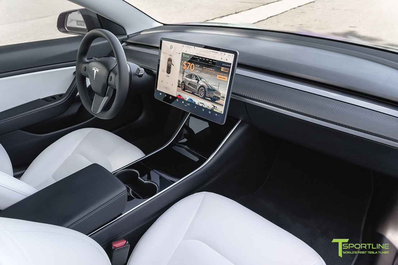 Tesla Model 3/Y Premium White Interior with Matte Carbon Fiber Dash Panel by T Sportline