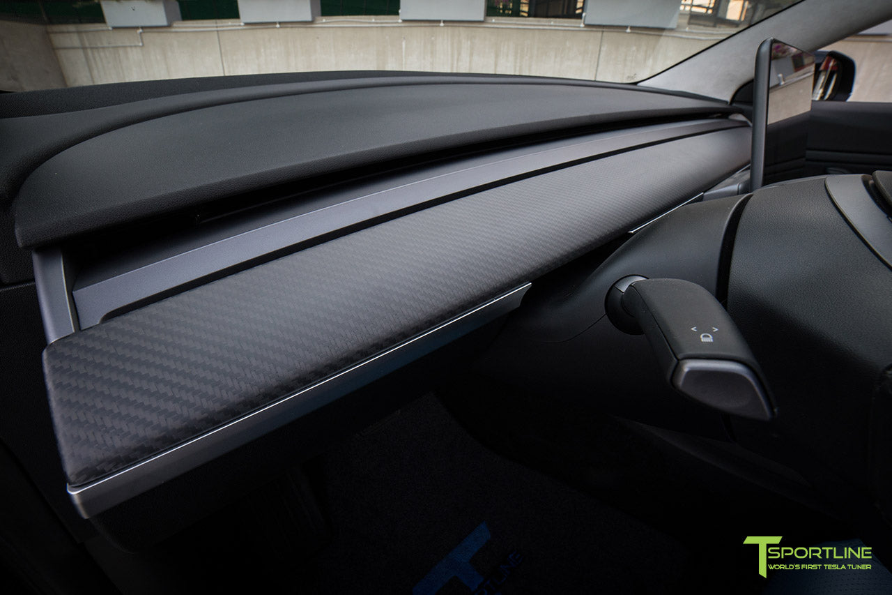 Tesla Model 3 Matte Carbon Fiber Interior Trim Upgrade (Steering Wheel + Dashboard Dash Panel) by T Sportline