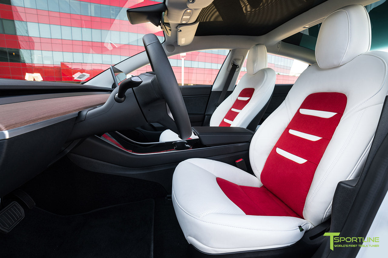 Uber White Tesla Model 3 Interior Seat Upgrade Kit with Red Suede Insert and Uber White Insignia by T Sportline