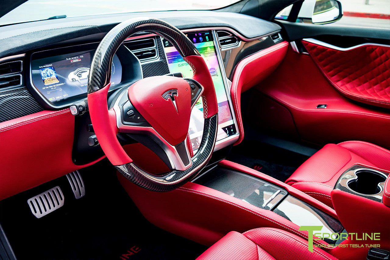 Model S with Gloss Tesla Carbon Fiber Center Console Flip Door and Sliding Tray Panel Set
