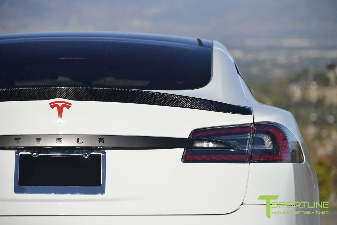 White Tesla Model S with Carbon Fiber Trunk Wing Spoiler