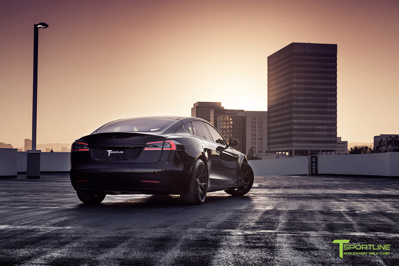 Black Tesla Model S with Trunk Wing Spoiler in Body Color by T Sportline