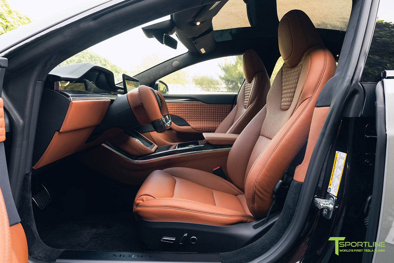 Model S Plaid Bentley Saddle Leather Interior with Gloss Carbon Fiber Trim