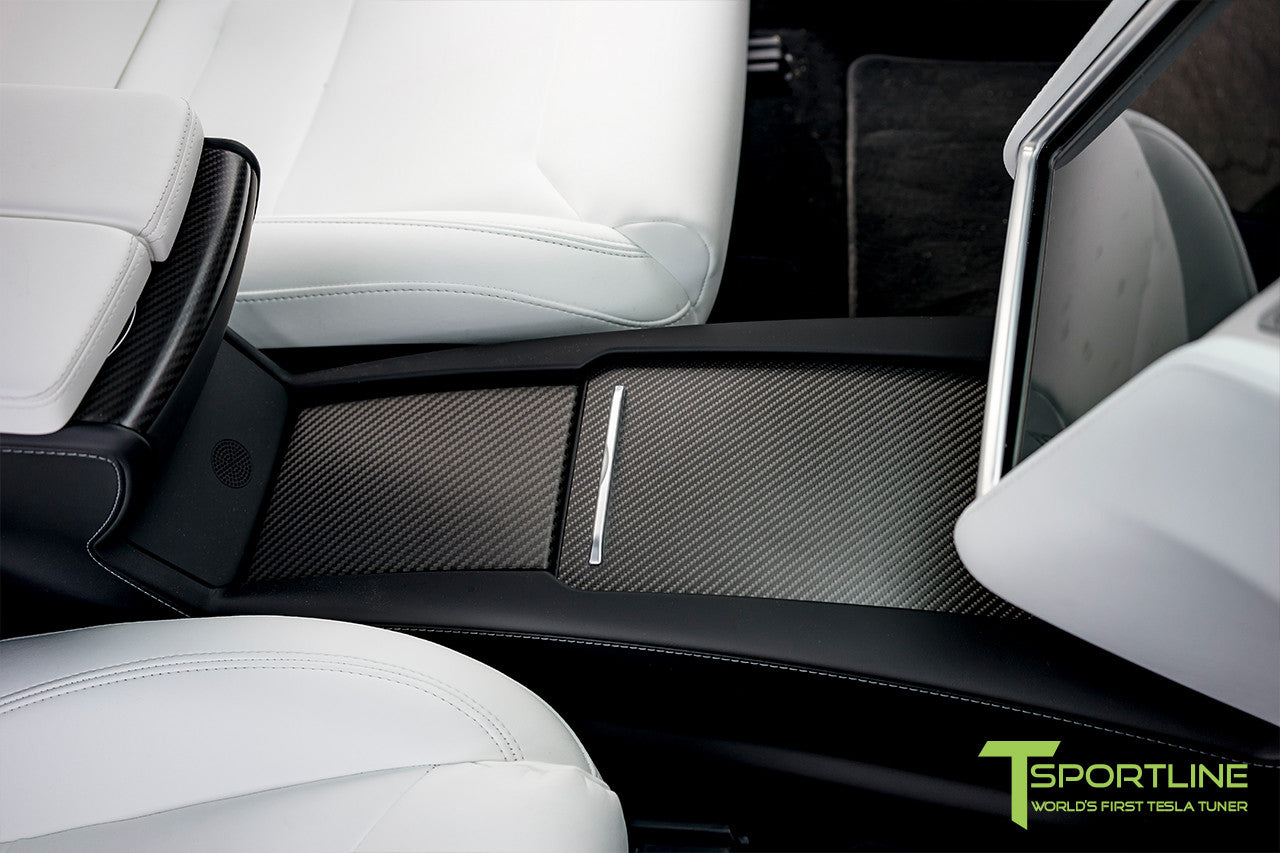 Model X with Matte Tesla Carbon Fiber Center Console Flip Door and Sliding Tray Panel Set