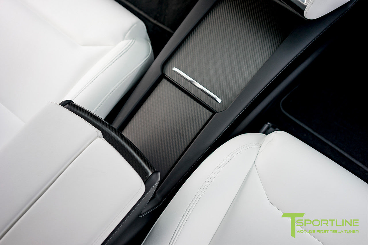 Model X with Matte Tesla Carbon Fiber Center Console Flip Door and Sliding Tray Panel Set 1