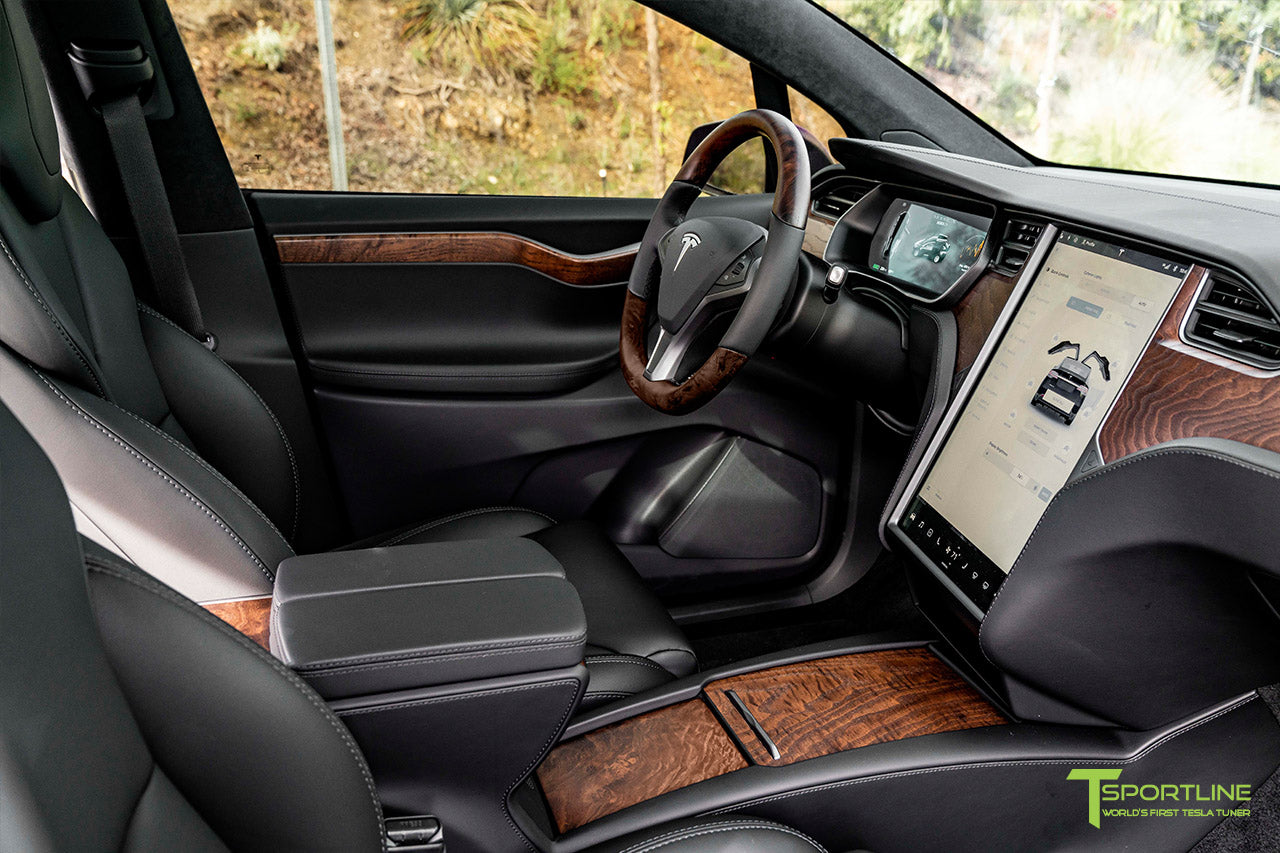 Tesla Model X with Figured Ash Wood Steering Wheel and Center Console Flip Door in Black Interior by T Sportline