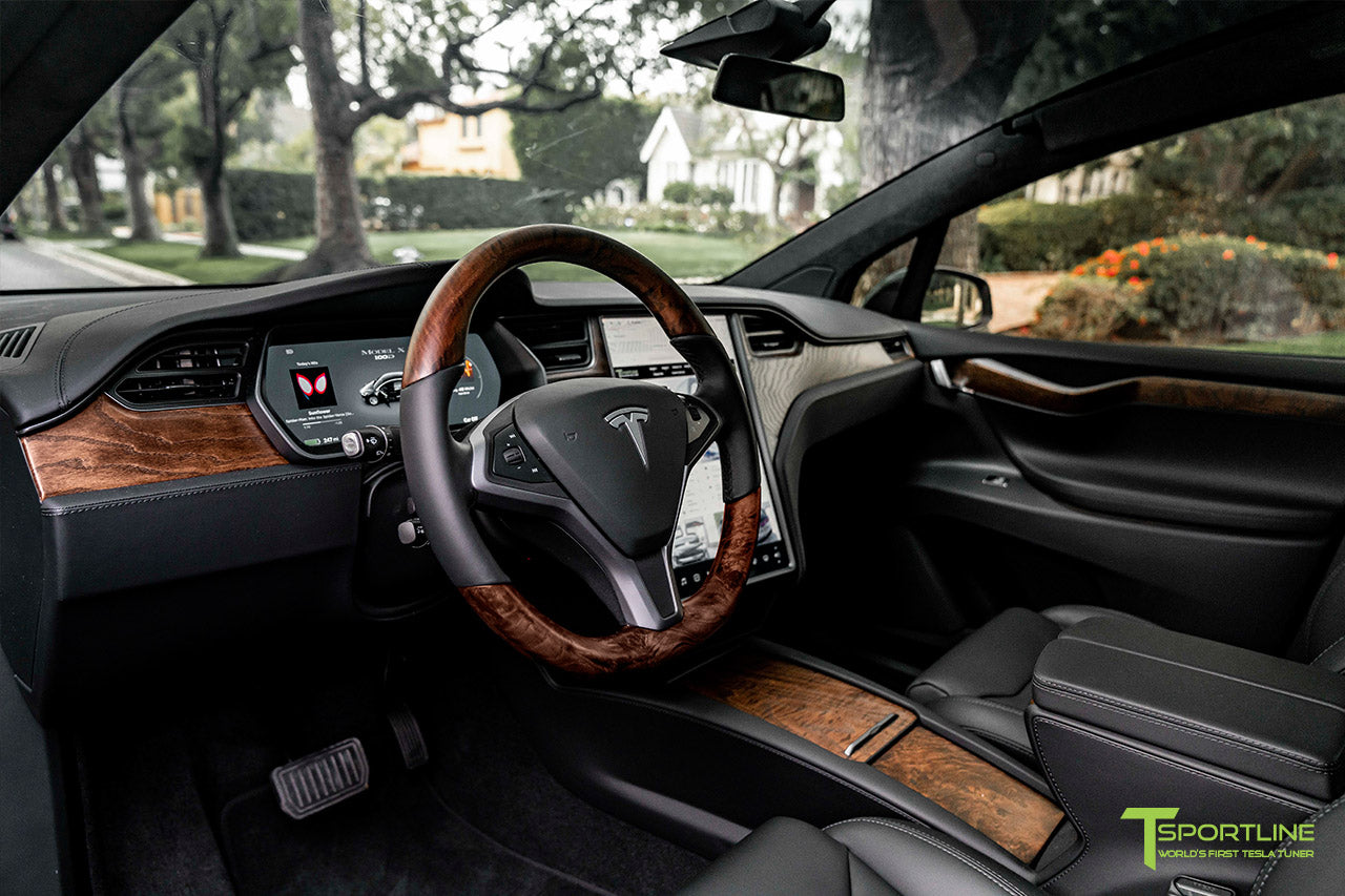 Tesla Model X with Figured Ash Wood Steering Wheel and Center Console Flip Door in Black Interior by T Sportline