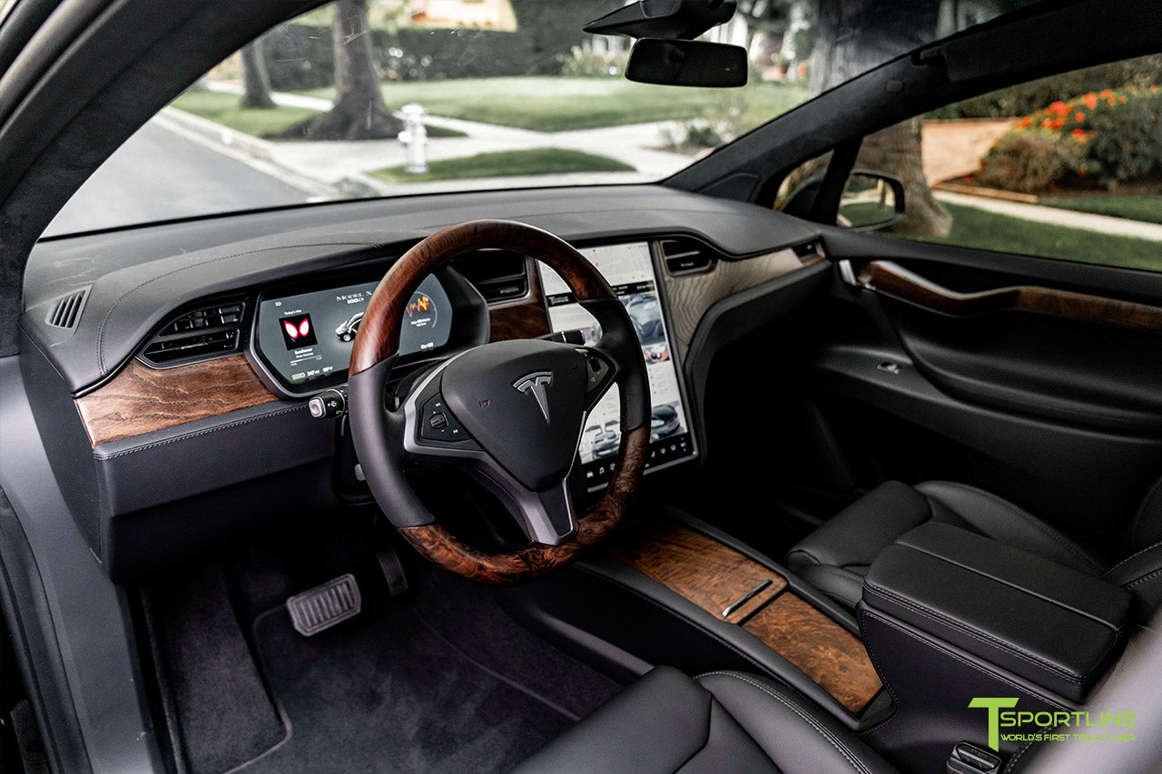 Tesla Model X with Figured Ash Wood Steering Wheel and Center Console Flip Door in Black Interior by T Sportline