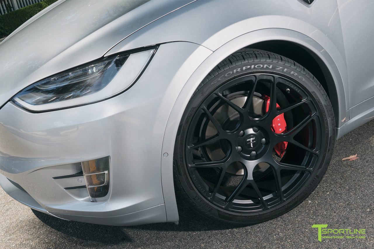 Silver 2016 Tesla Model X P90D Ludicrous - White Interior - 22 inch MX117 Forged Wheels Matte Black by T Sportline