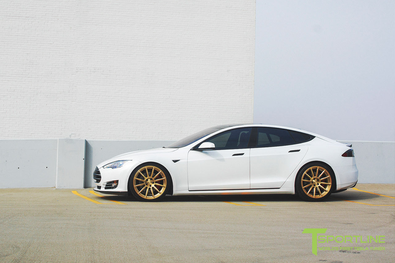 White Tesla Model S 1.0 with Ghost Gold 21 inch TS112 Forged Wheels
