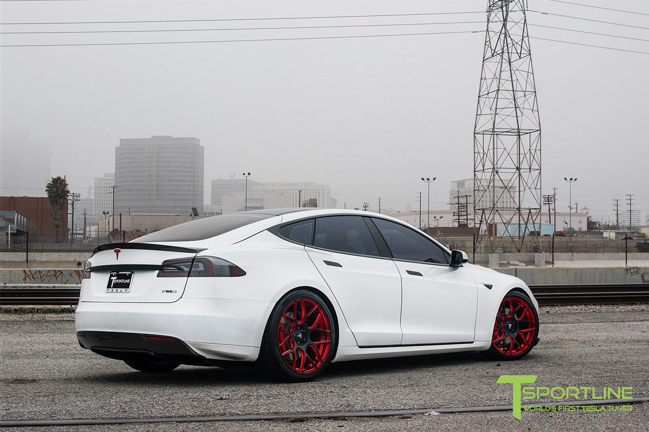 White Tesla Model S 1.0 with Imperial Red 21 inch TS117 Forged Wheels