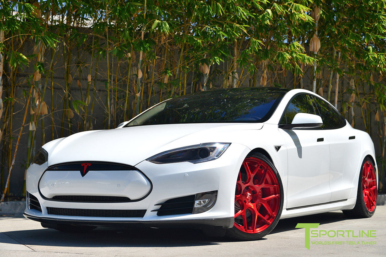 White Tesla Model S 1.0 with Velocity Red 21 inch TS117 Forged Wheels
