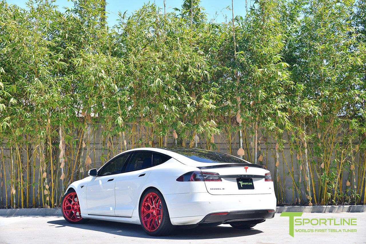 White Tesla Model S 1.0 with Velocity Red 21 inch TS117 Forged Wheels