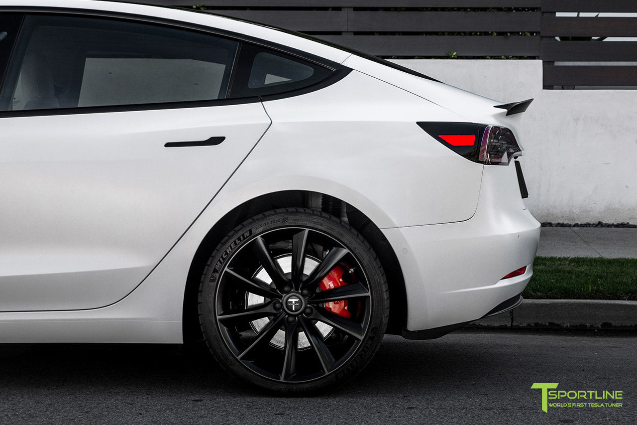 Xpel Stealth Paint Protection Film Pearl White Tesla Model 3 with Matte Carbon Fiber Trunk Wing and Matte Black 20 inch TST Turbine Style Wheels by T Sportline
