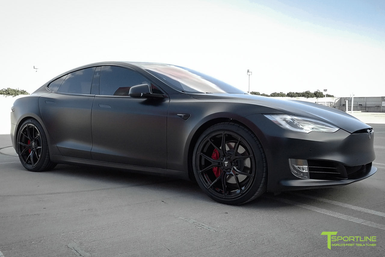 Xpel Stealth Black Model S 2016 Facelift with Gloss Black 21 inch TS115 Forged Wheels by T Sportline