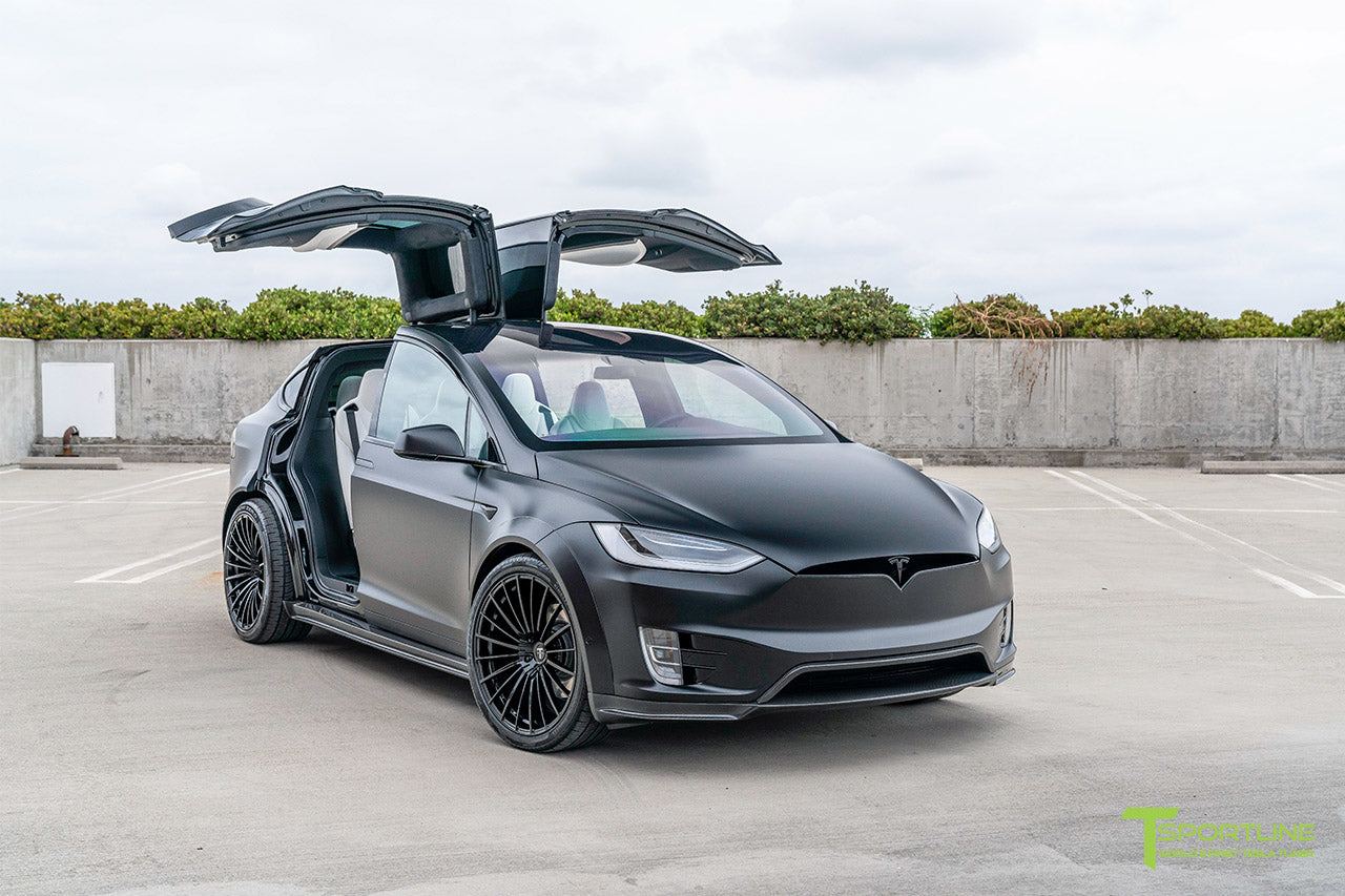 Xpel Stealth Black Tesla Model X with T Largo Carbon Fiber Wide Body Kit/Package, Gloss Black TS120 22 inch Forged Wheels and Chrome Delete by T Sportline