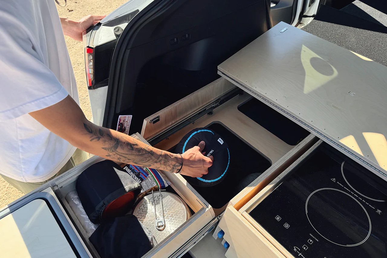 Modular Camp Kitchen, Sleep / Bedding Platform and Storage Drawer System for Tesla Model Y