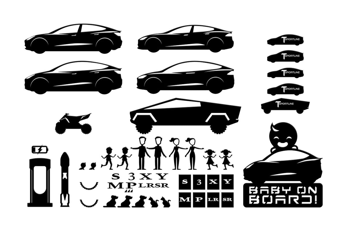 Tesla Model S 3 X Y Cybertruck Family &amp; Baby On Board Vinyl Window Sticker Decal Kit