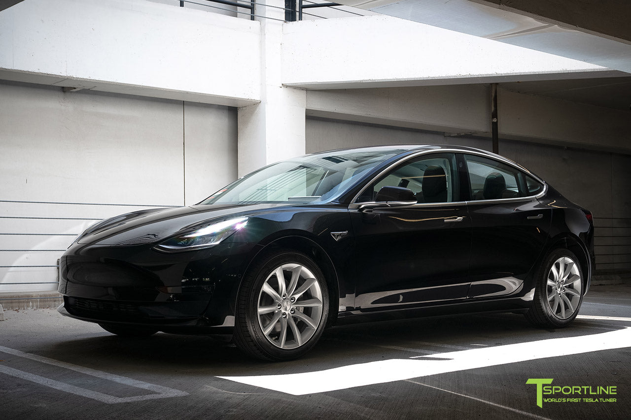 Black Tesla Model 3 with Brilliant Silver 18" TST Turbine Style Wheels by T Sportline