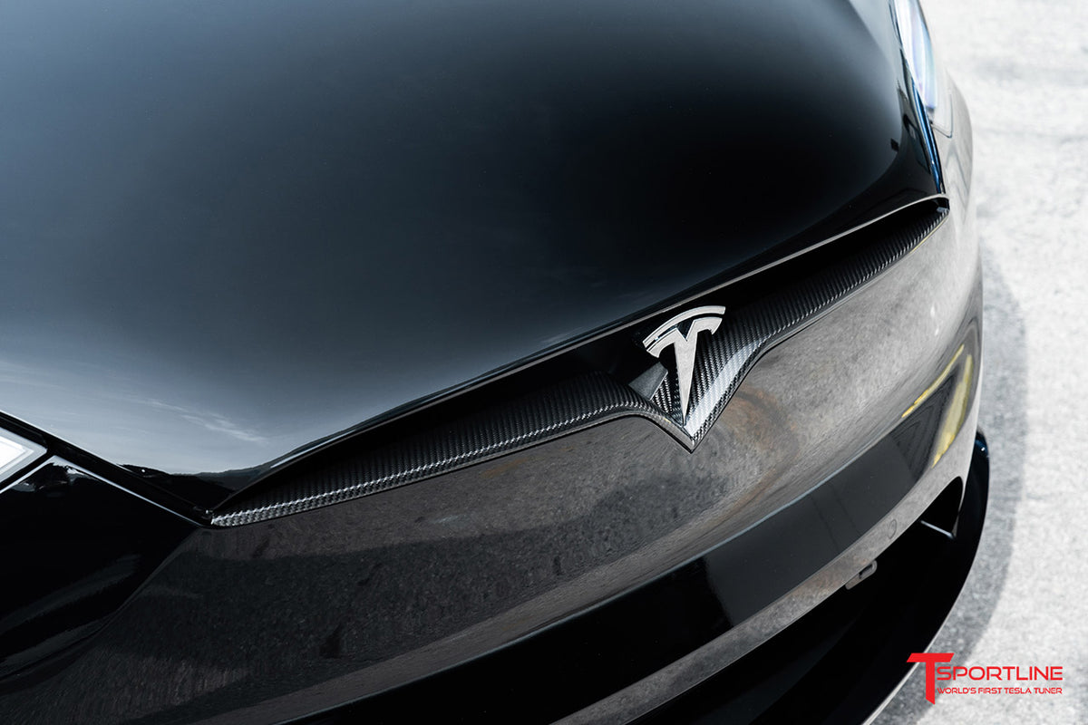 Tesla Model S Plaid &amp; Long Range Carbon Fiber Front V Trim For Fascia / Hood Inlet