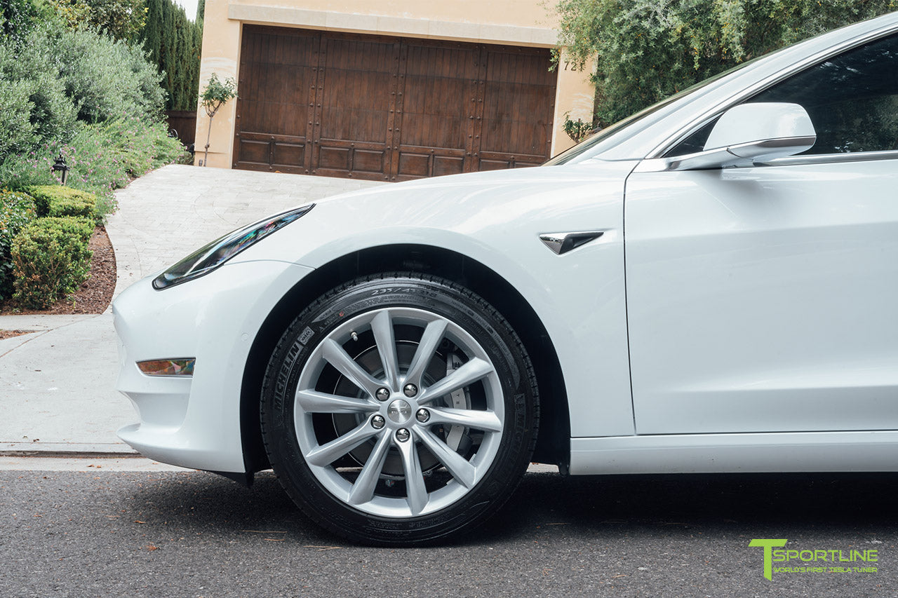 Pearl White Tesla Model 3 with Brilliant Silver 18" TST Turbine Style Wheels by T Sportline