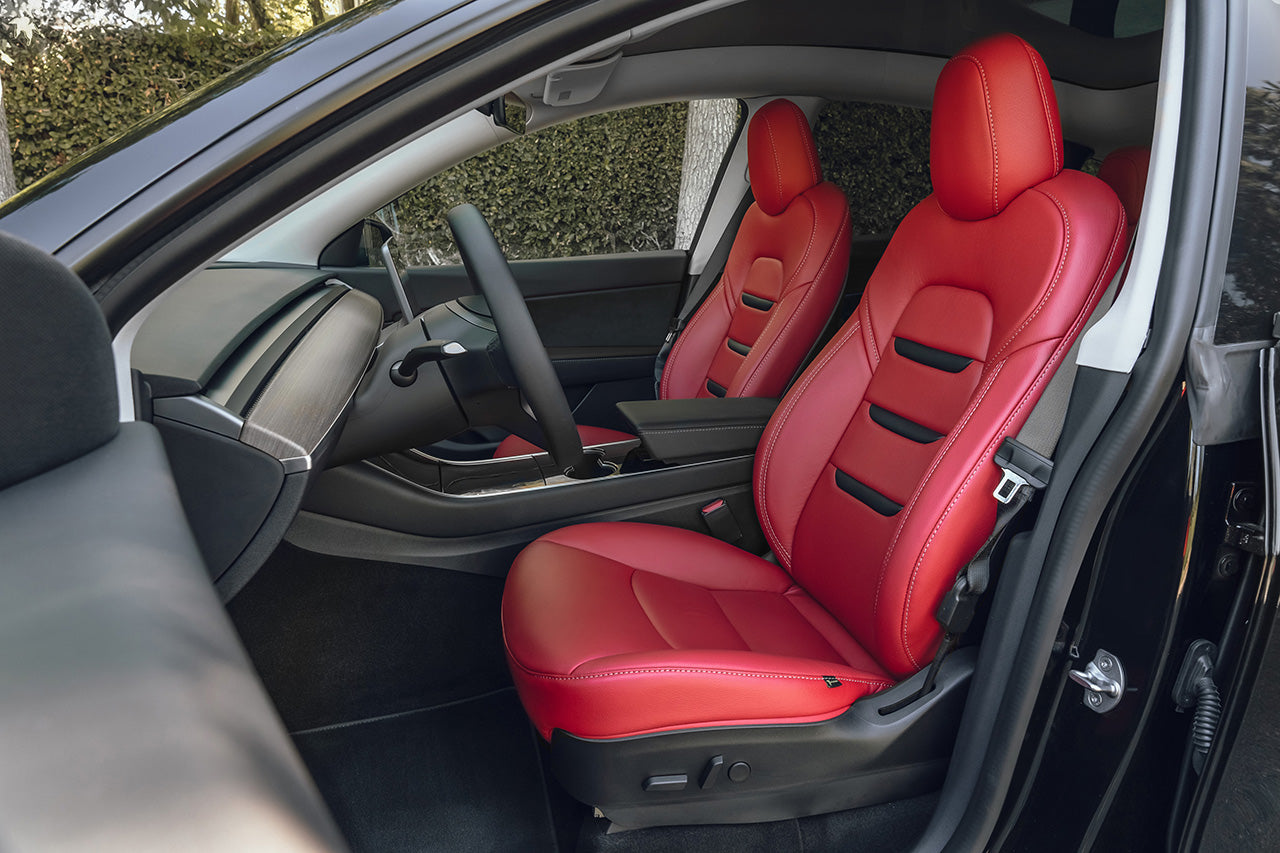 SPECIAL DEAL! Red Leather & Black Suede Tesla Model Y 5 Seat Interior Upgrade Kit (2020-2022) - Insignia Design
