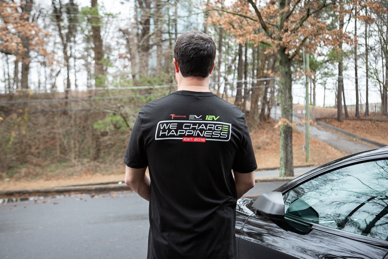 Tesla "We Charge Happiness" Black Crew Neck T-Shirt by T Sportline