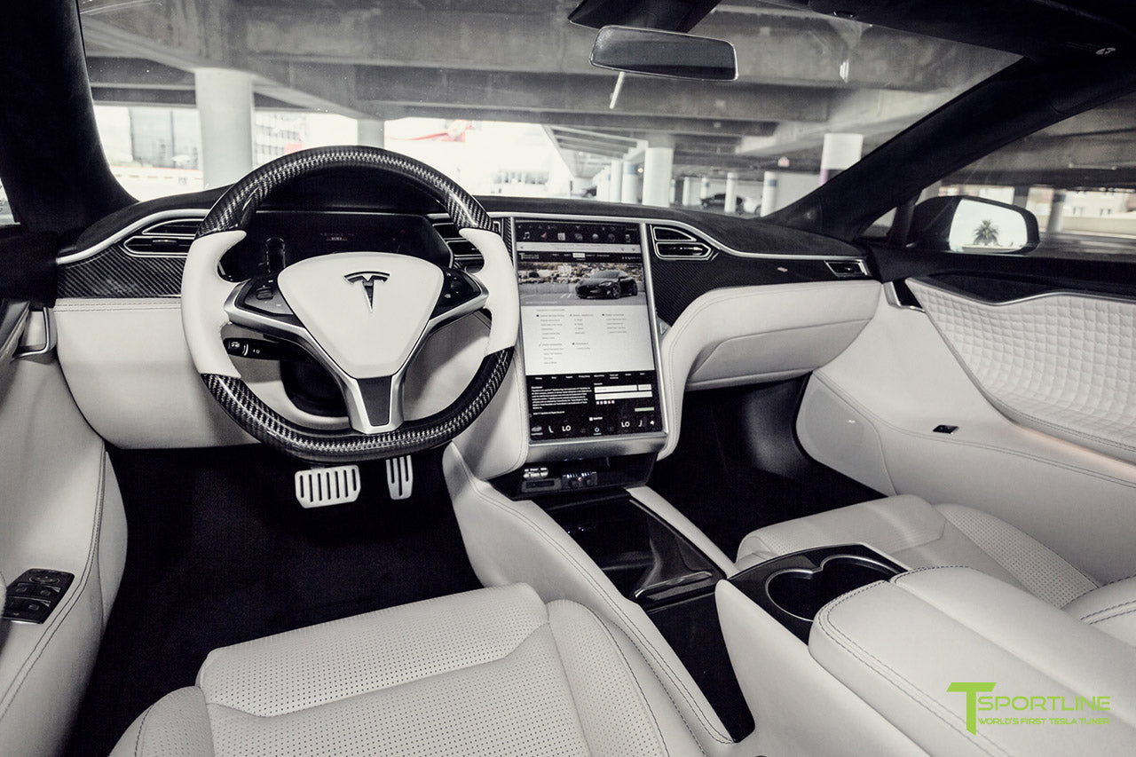 Tesla Model S 2.0 with Gloss Carbon Fiber Dash Kit in Bentley Linen Interior by T Sportline