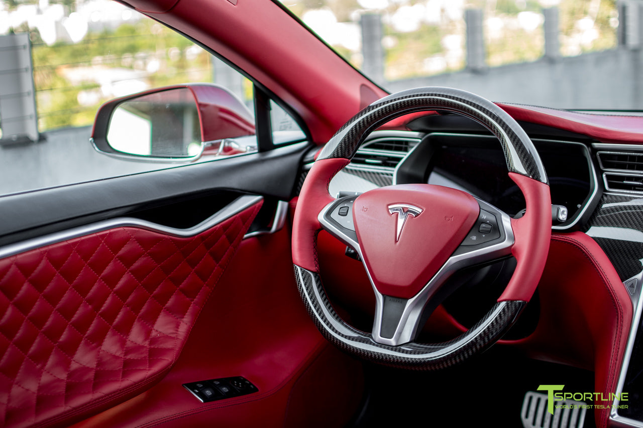 Tesla Model S with Gloss Carbon Fiber Steering Wheel in Bentley Red Custom Interior by T Sportline