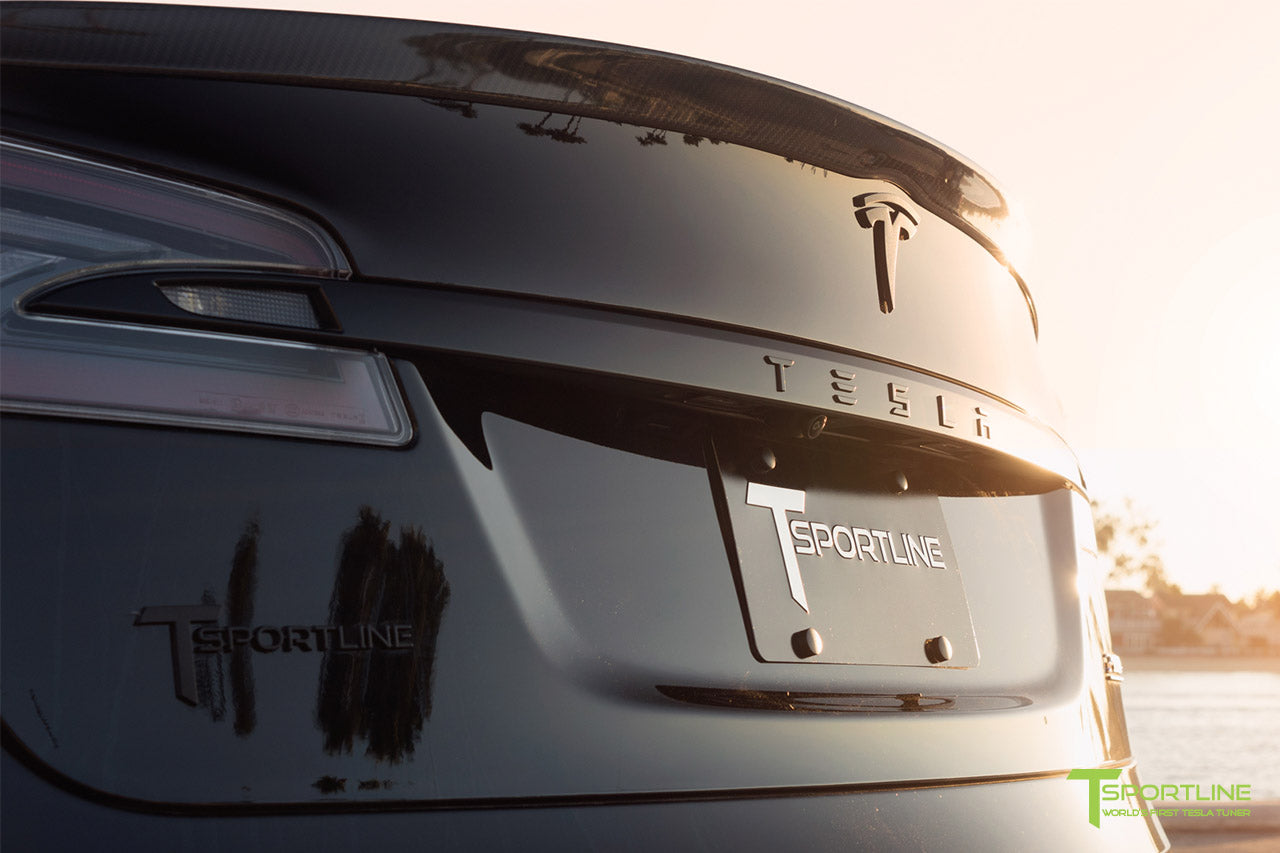 Black Tesla Model S with Gloss Carbon Fiber Rear Trunk Wing Spoiler by T Sportline