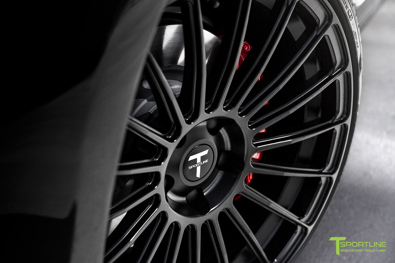 Black Model S with Matte Black TS118 21 inch Forged Tesla Wheels in Matte Black by T Sportline