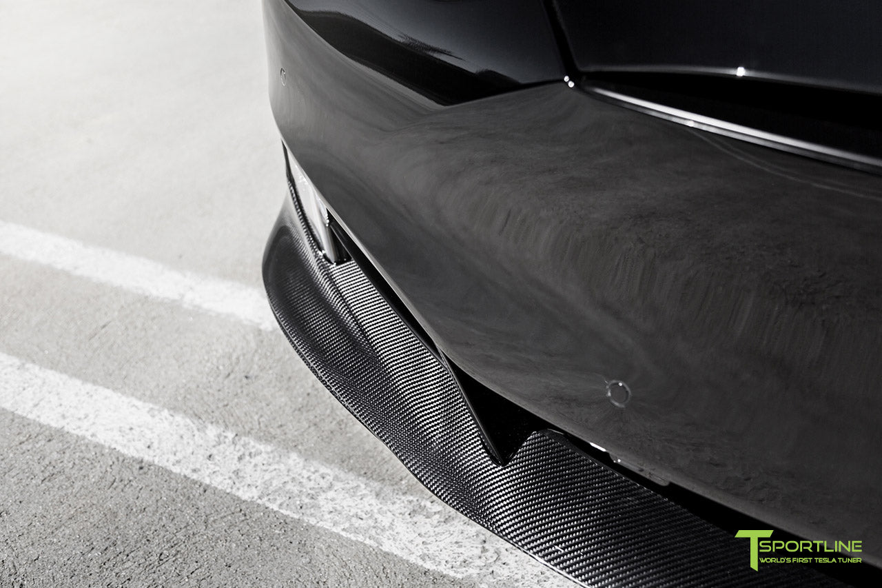 Black Tesla Model S 2.0 with Carbon Fiber Facelift Front Lip Apron by T Sportline