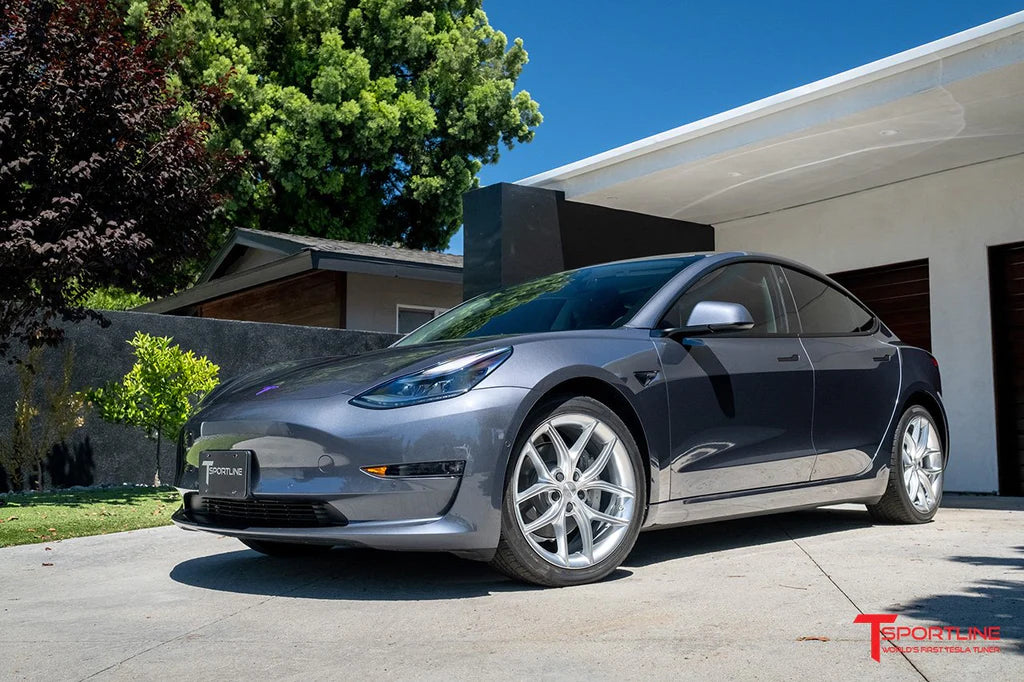 Midnight Silver Metallic Tesla Model 3 with 19" TS5 Purple and Black Interior