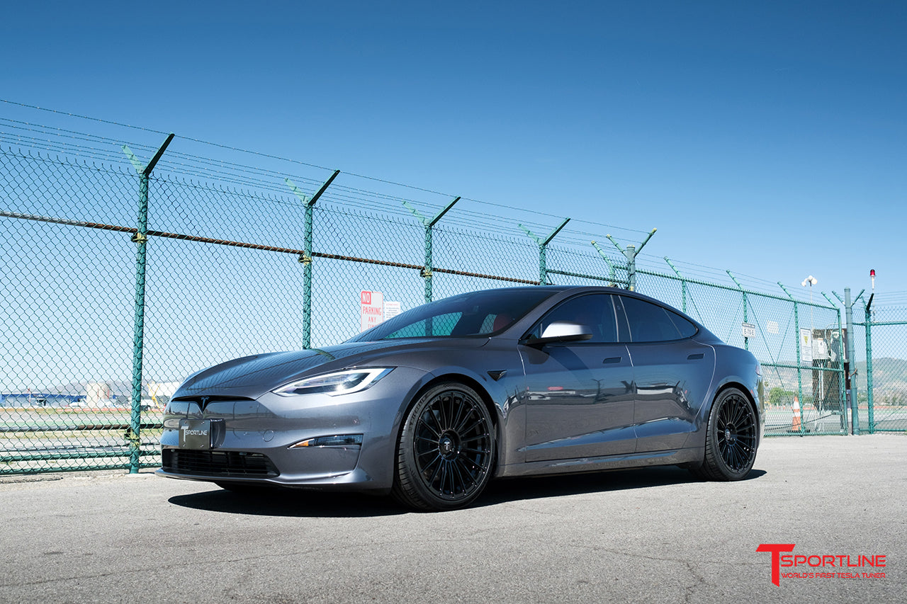 Midnight Silver Metallic Model S Plaid with 21" TS118 in Gloss Black by T Sportline