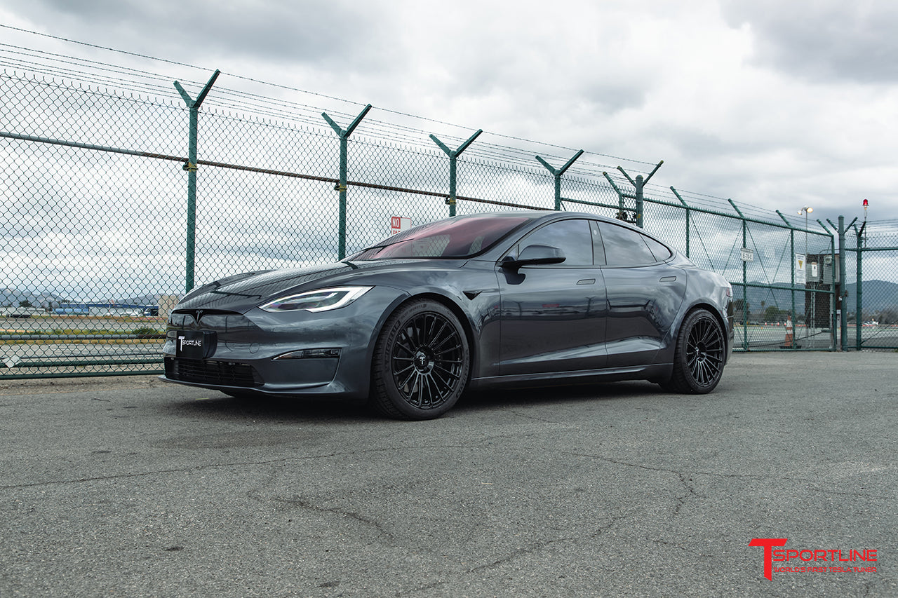 Midnight Silver Metallic Model S Plaid with 20" TS118 in Gloss Black by T Sportline