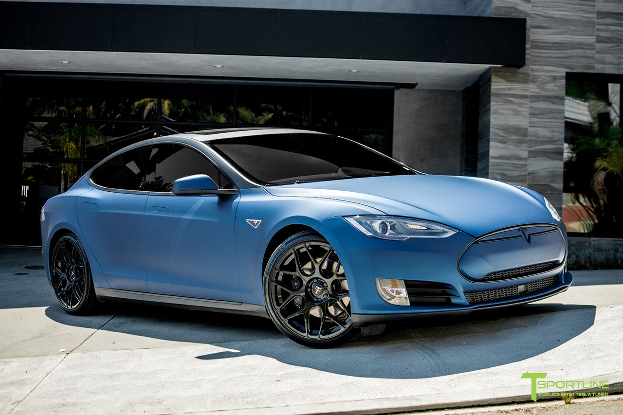 Matte Blue Metallic Model S 1.0 with TS117 Gloss Black Forged Tesla Wheels by T Sportline